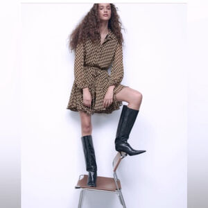 Zara Brown Geometric Pattern Print Ruffled Long Sleeve bloggers favourite Dress